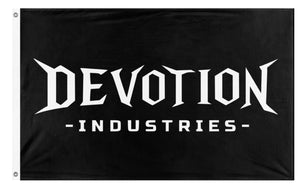 A mockup of the custom flag 'DEVOTION INDUSTRIES flag' on a white background
