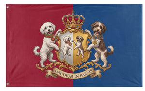 A mockup of the custom flag 'Family Dogs Heraldic flag' on a white background