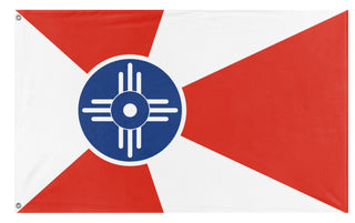 A mockup of the custom flag 'Flag of Wichita, Kansas' on a white background