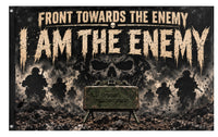 A mockup of the custom flag 'Front Towards the Enemy flag' on a white background