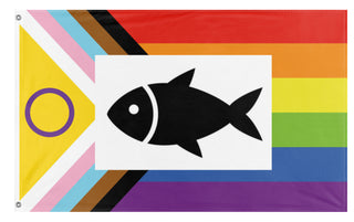 A mockup of the custom flag 'GAY FISH flag' on a white background