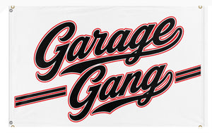 A mockup of the custom flag 'Garage Gang flag' on a white background