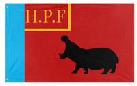 A mockup of the custom flag 'HPF' on a white background
