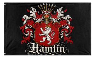 A mockup of the custom flag 'Hamlin Crest flag' on a white background