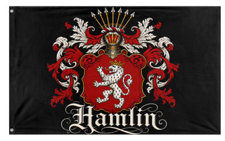 A mockup of the custom flag 'Hamlin Crest flag' on a white background