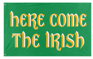 A mockup of the custom flag 'Here Come The Irish flag' on a white background
