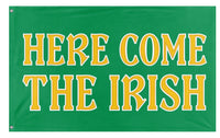 A mockup of the custom flag 'Here Come the Irish flag' on a white background