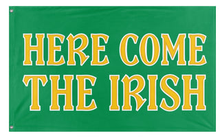 A mockup of the custom flag 'Here Come the Irish flag' on a white background