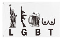 A mockup of the custom flag 'Liberty, Guns, Beer, Tits Flag' on a white background