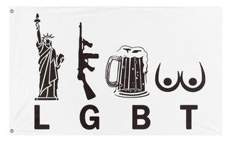 A mockup of the custom flag 'Liberty, Guns, Beer, Tits Flag' on a white background