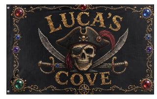 A mockup of the custom flag 'Luca's Cove flag' on a white background
