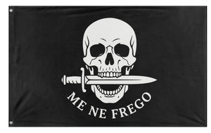 A mockup of the custom flag 'Me Ne Frego flag' on a white background