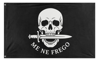 A mockup of the custom flag 'Me Ne Frego flag' on a white background