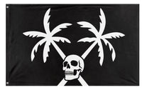 A mockup of the custom flag 'Pirate Palm Trees & Skull flag' on a white background
