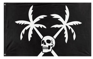 A mockup of the custom flag 'Pirate Palm Trees & Skull flag' on a white background