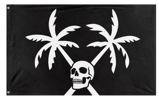 A mockup of the custom flag 'Pirate Palm Trees & Skull flag' on a white background