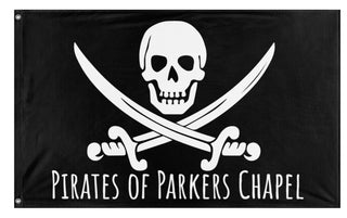 A mockup of the custom flag 'Pirates of Parkers Chapel flag' on a white background