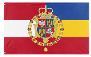 A mockup of the custom flag 'Poland-Lithuanian-Romanian Commonwealth flag' on a white background