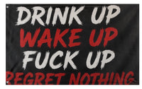 A mockup of the custom flag 'Regret Nothing flag' on a white background