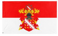 A mockup of the custom flag 'Rot un Wiss with the Coat of Arms flag' on a white background