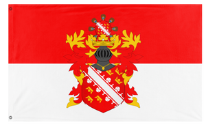 A mockup of the custom flag 'Rot un Wiss with the Coat of Arms flag' on a white background