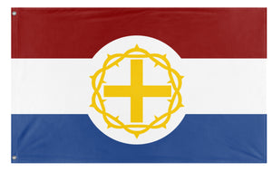 A mockup of the custom flag 'Sacra Corona Batavia flag' on a white background