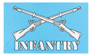 A mockup of the custom flag 'Sky Blue U.S Army Infantry Branch flag' on a white background