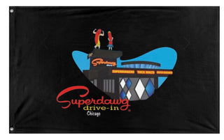 A mockup of the custom flag 'Superdawg flag' on a white background