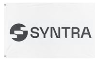 A mockup of the custom flag 'Syntra Desk flag' on a white background