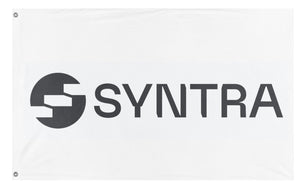 A mockup of the custom flag 'Syntra Desk flag' on a white background