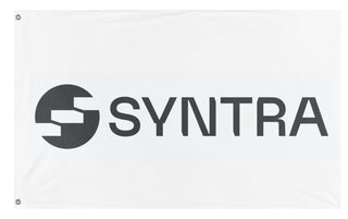 A mockup of the custom flag 'Syntra Desk flag' on a white background