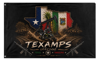 A mockup of the custom flag 'TEXAMPS off road  flag' on a white background