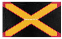 A mockup of the custom flag 'Vokav un Excois flag' on a white background