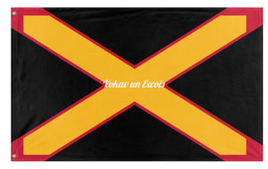 A mockup of the custom flag 'Vokav un Excois flag' on a white background