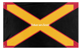 A mockup of the custom flag 'Vokav un Excois flag' on a white background