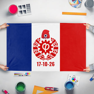 A mockup of the custom flag '17-10-26 flag' held up on a table during print checking