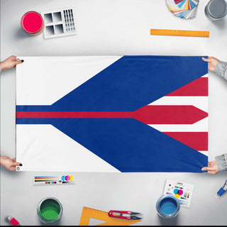 A mockup of the custom flag 'Cool flag I made flag' held up on a table during print checking