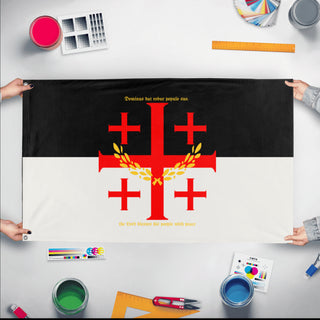 A mockup of the custom flag 'ordo sanctus deserti flag' held up on a table during print checking