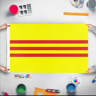 A mockup of the custom flag 'The Flag of South Vietnam flag' held up on a table during print checking