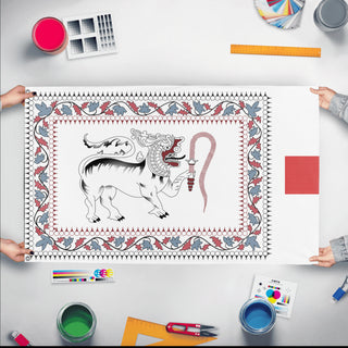 A mockup of the custom flag 'test flag' held up on a table during print checking