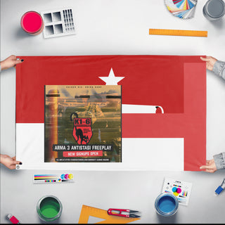 A mockup of the custom flag 'T flag' held up on a table during print checking