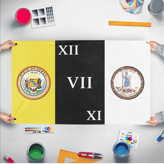 A mockup of the custom flag 'Revamped Father's Day flag' held up on a table during print checking
