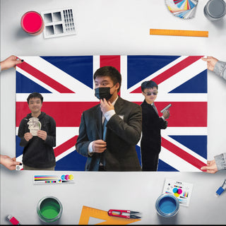 A mockup of the custom flag 'THE WOO flag' held up on a table during print checking