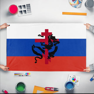 A mockup of the custom flag '1 flag' held up on a table during print checking