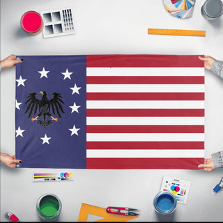 A mockup of the custom flag 'America' held up on a table during print checking