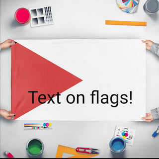 A mockup of the custom flag 'd flag' held up on a table during print checking