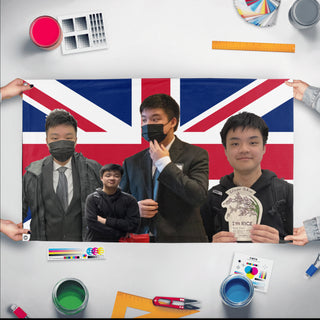 A mockup of the custom flag 'Woonited Kingdom flag' held up on a table during print checking