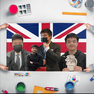 A mockup of the custom flag 'Woonited Kingdom flag' held up on a table during print checking