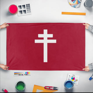 A mockup of the custom flag 'Republic of Free France flag' held up on a table during print checking