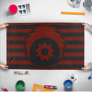 A mockup of the custom flag 'steelplague flag' held up on a table during print checking